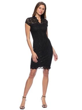 Marina Black Sequin Lace Cap Sleeve Sheath Cocktail Dress NWT S